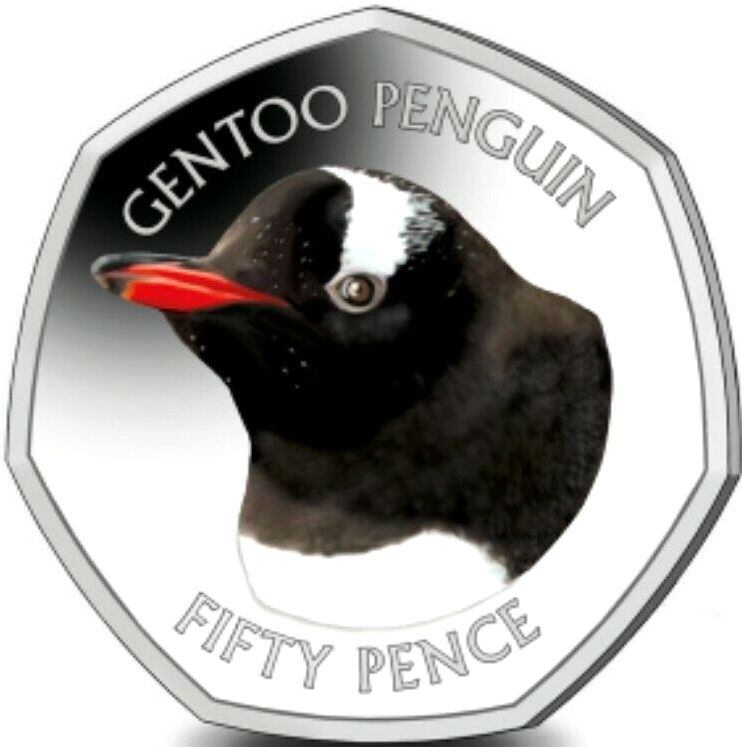 Falkland Islands 50 Pence - Elizabeth II Gentoo Penguin; Coloured