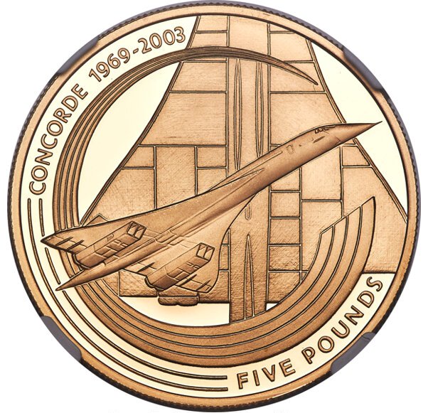 Alderney 5 Pounds - Elizabeth II Last Flight of the Concorde; Gold Proof Issue