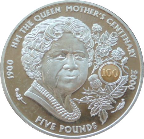 Guernsey 5 Pounds - Elizabeth II Queen Mother - Silver