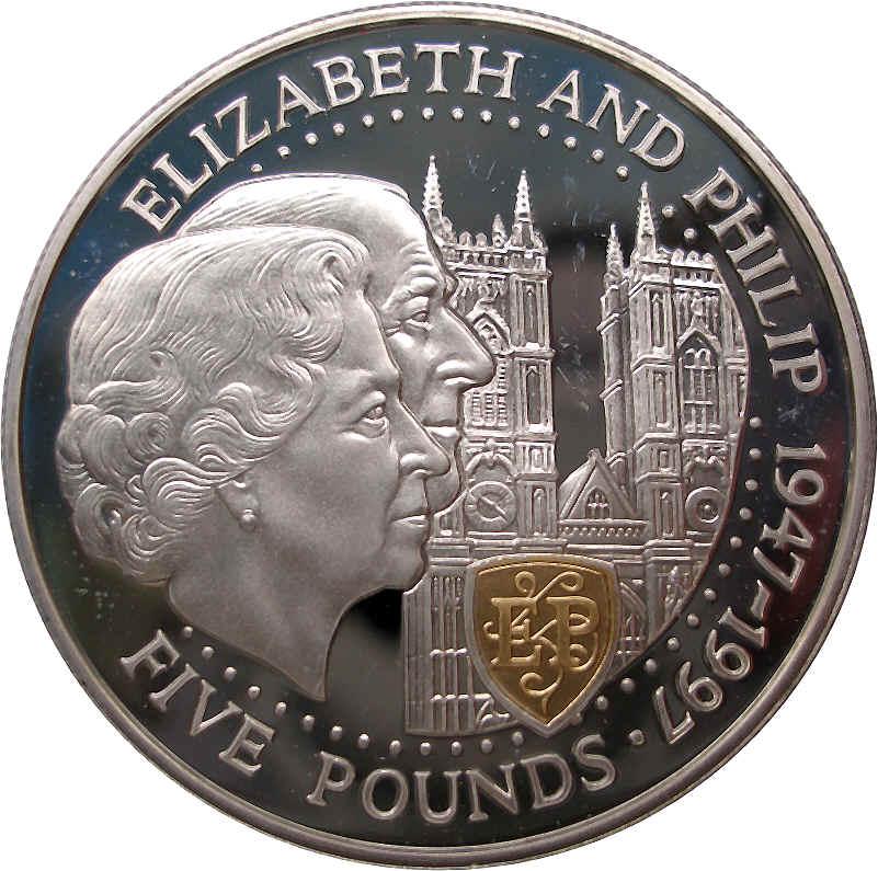 Guernsey 5 Pounds - Elizabeth II Golden Wedding - Silver