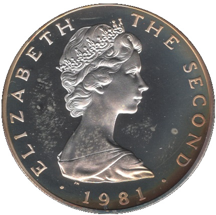 Isle of Man 5 Pounds - Elizabeth II Triskelion on map; Silver obverse