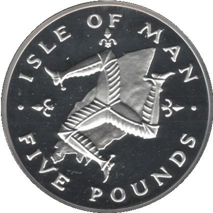 Isle of Man 5 Pounds - Elizabeth II Triskelion on map; Silver