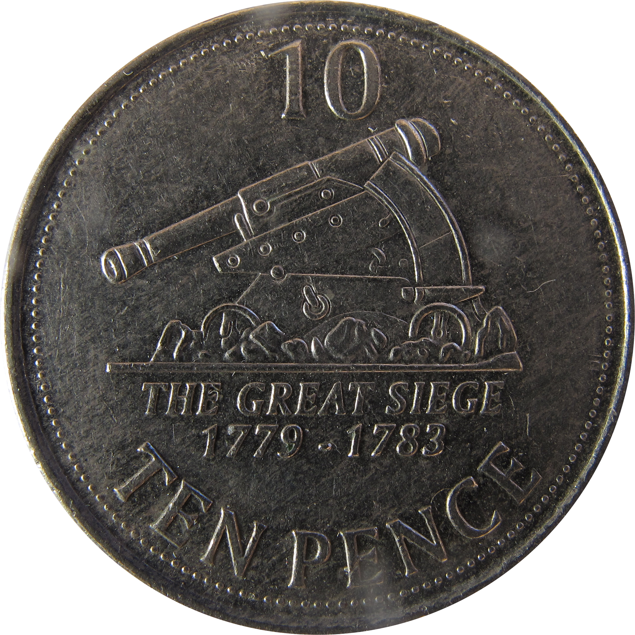Gibraltar 10 Pence - Elizabeth II Cannon; smaller bust; redesigned