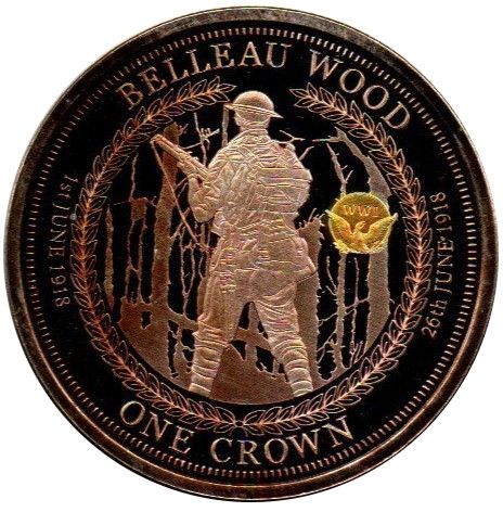 Tristan da Cunha 1 Crown - Elizabeth II 100th Anniversary U.S. In WWI; Belleau Wood reverse