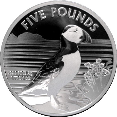 Alderney 5 Pounds - Elizabeth II Puffin; Silver Bullion reverse
