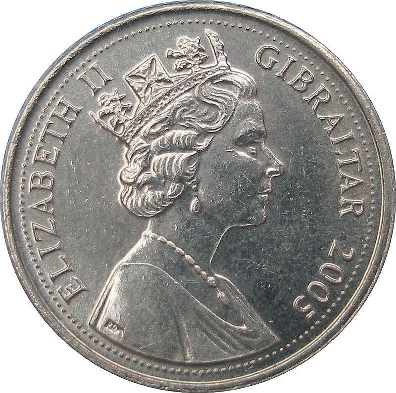 Gibraltar 5 Pence - Elizabeth II Barbary Macaque; bigger bust obverse