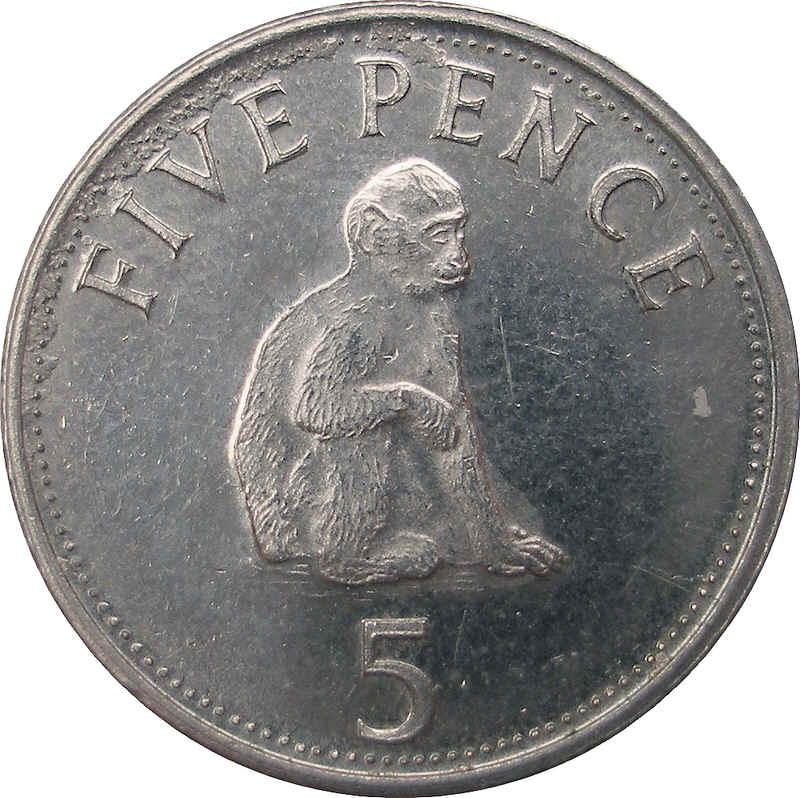 Gibraltar 5 Pence - Elizabeth II Barbary Macaque; bigger bust