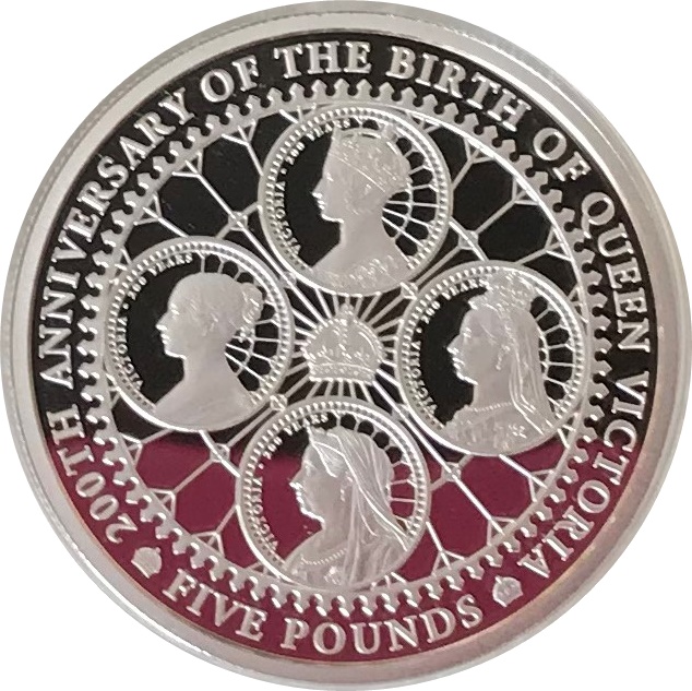 Alderney 5 Pounds - Elizabeth II The 200th Anniversary of Queen Victoria; Silver Proof reverse