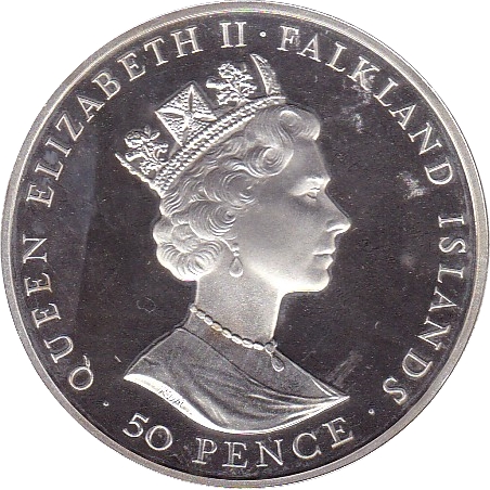 Falkland Islands 50 Pence - Elizabeth II Peale's Dolphin; Silver Proof Issue obverse