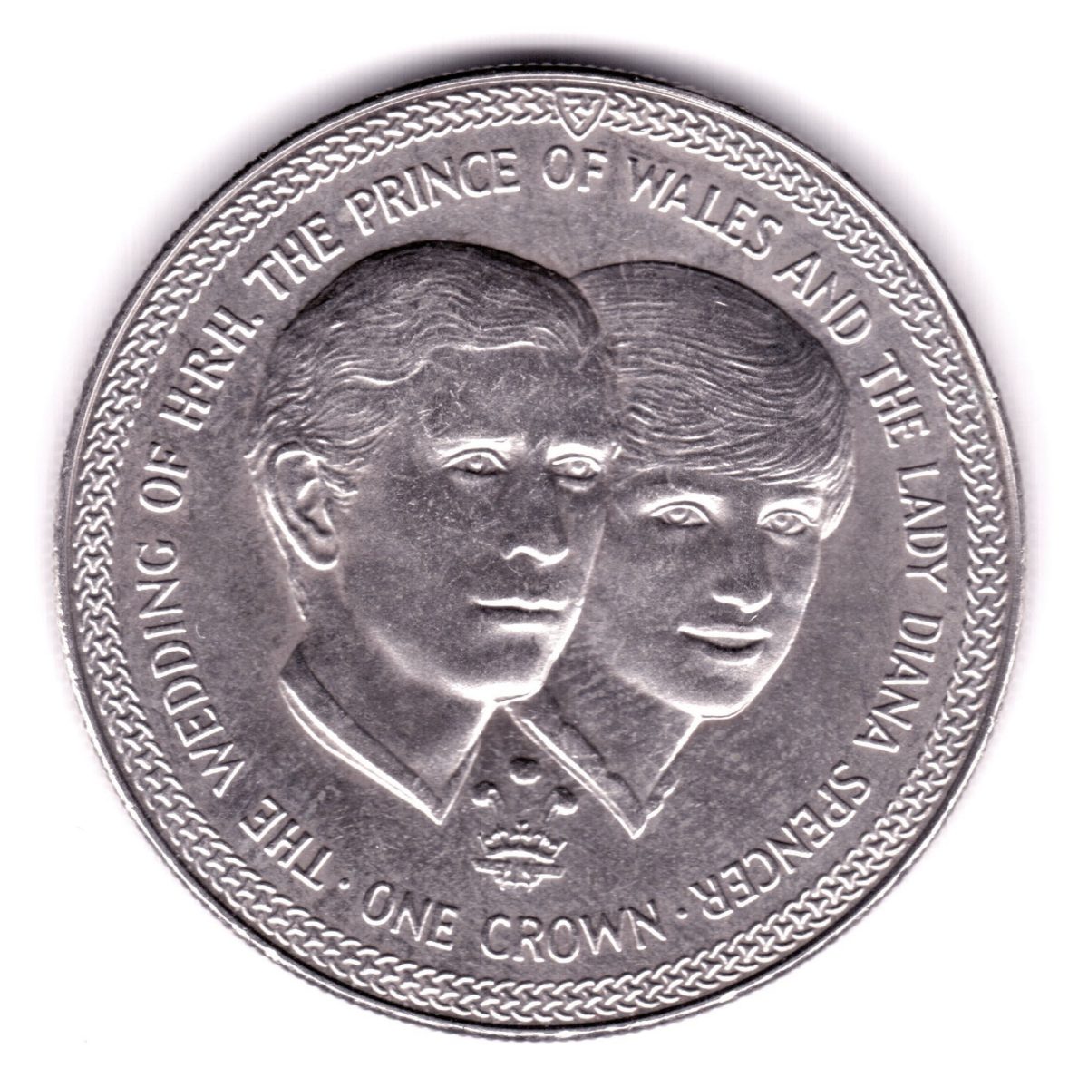 Isle of Man 1 Crown - Elizabeth II Wedding, 2nd variety reverse