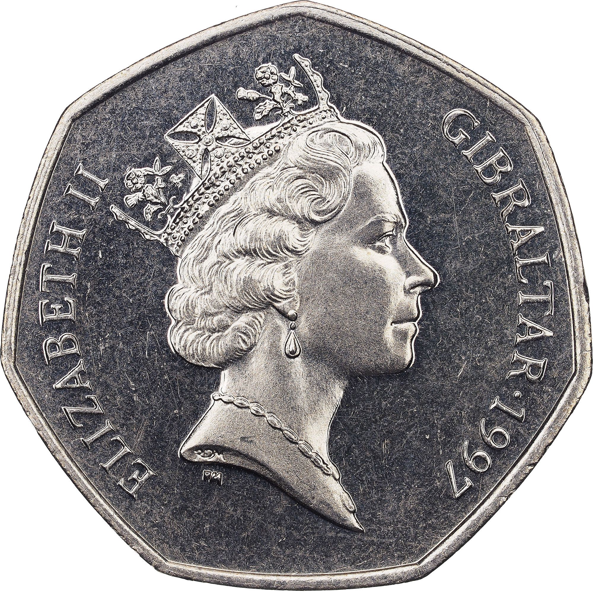 Gibraltar 50 Pence - Elizabeth II Dolphins - small type obverse