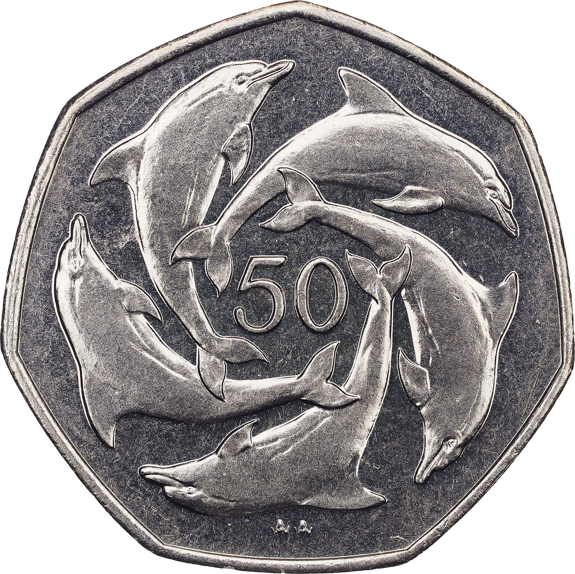 Gibraltar 50 Pence - Elizabeth II Dolphins - small type
