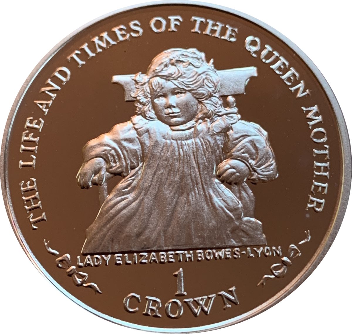 Isle of Man 1 Crown - Elizabeth II Queen Mother - Young Girl; Silver Proof reverse