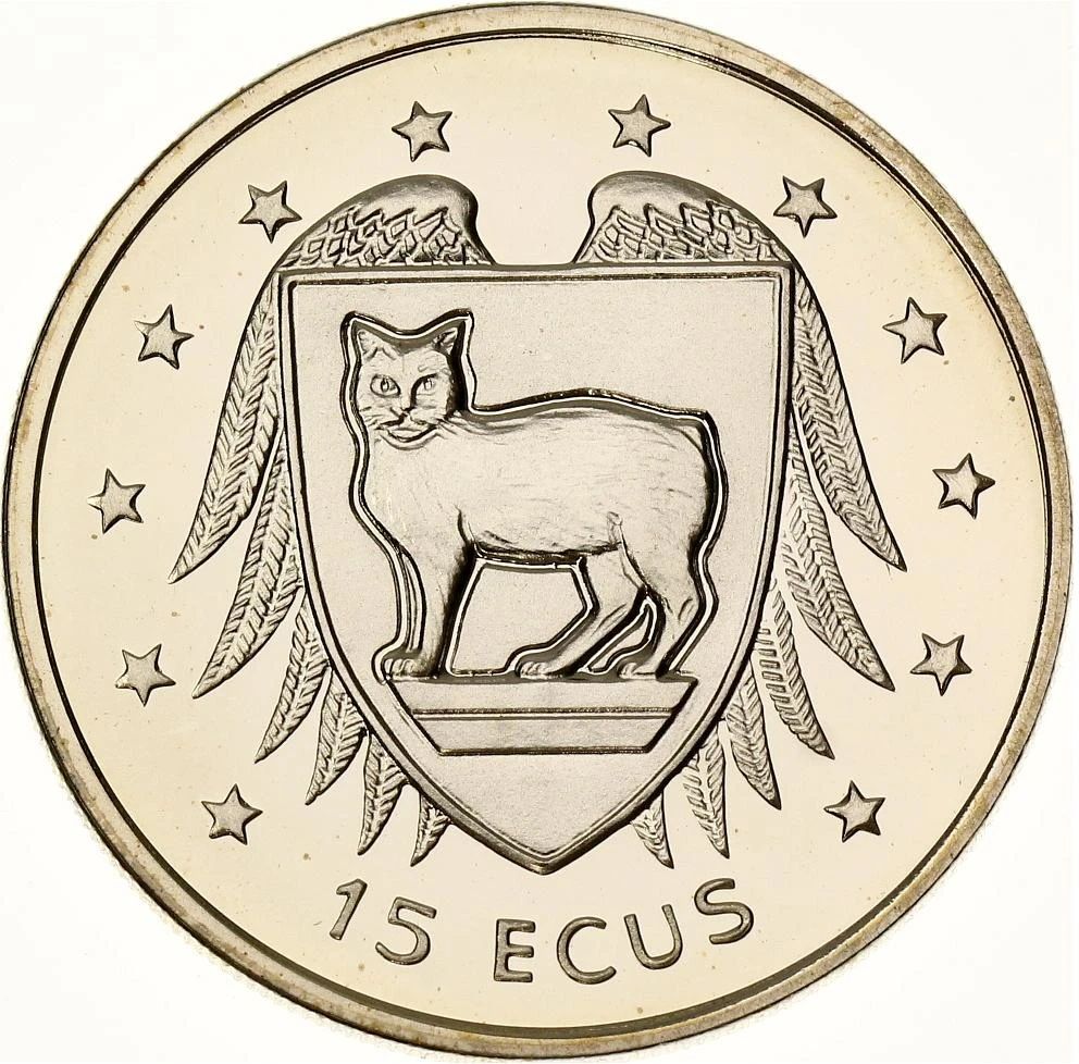 Isle of Man 15 ECUs - Elizabeth II Manx cat on shield reverse