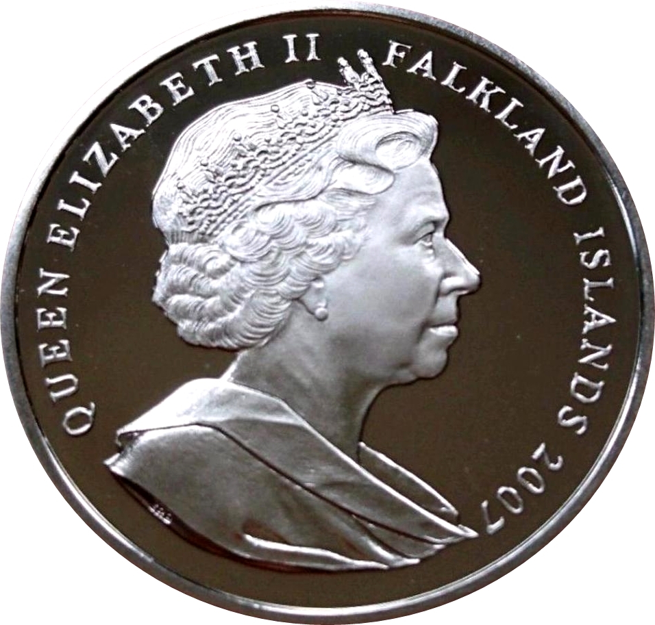 Falkland Islands 1 Crown - Elizabeth II Britannia in front of map; Silver Proof Issue obverse