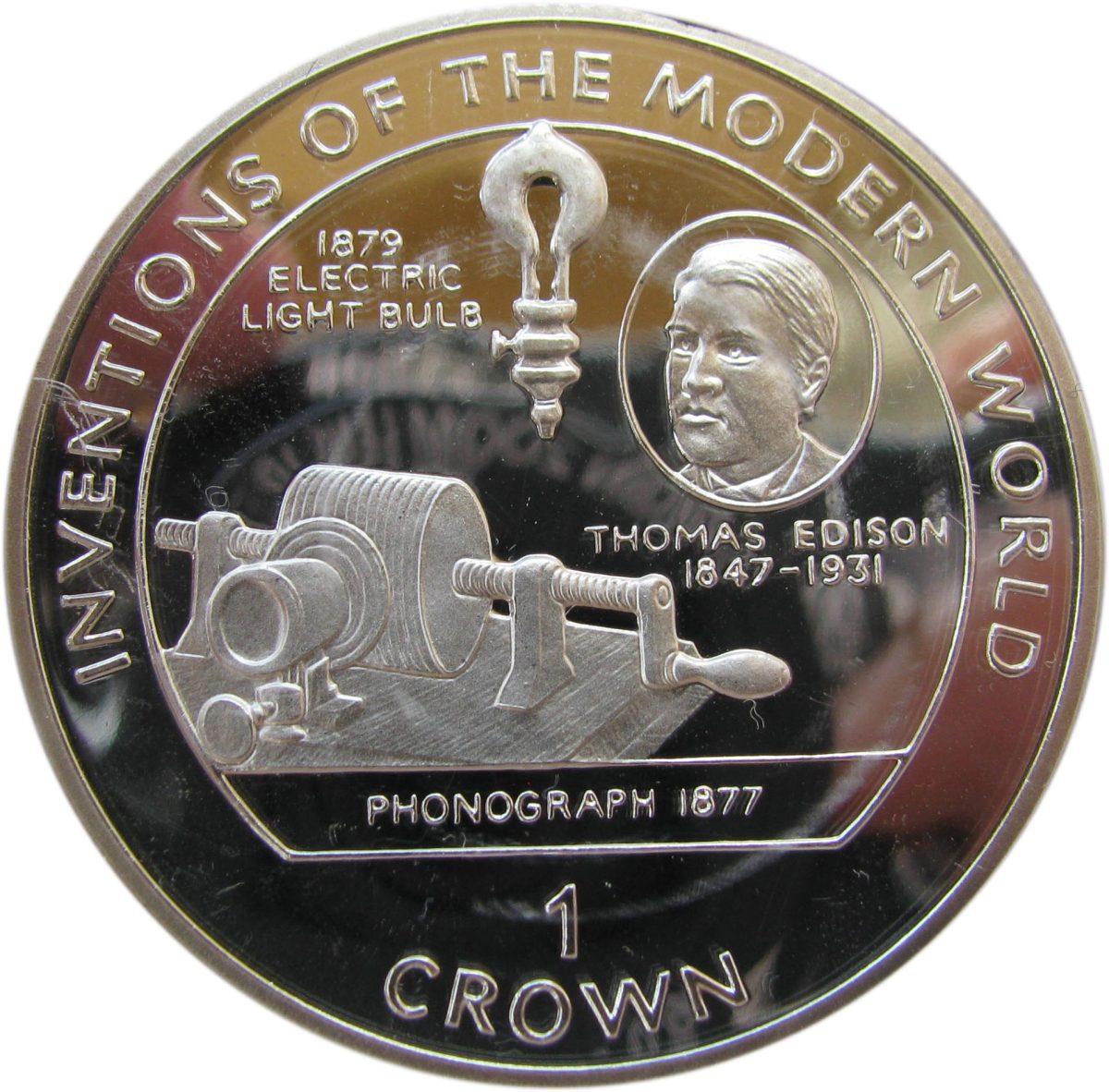 Isle of Man 1 Crown - Elizabeth II Thomas Edison; Silver Proof reverse