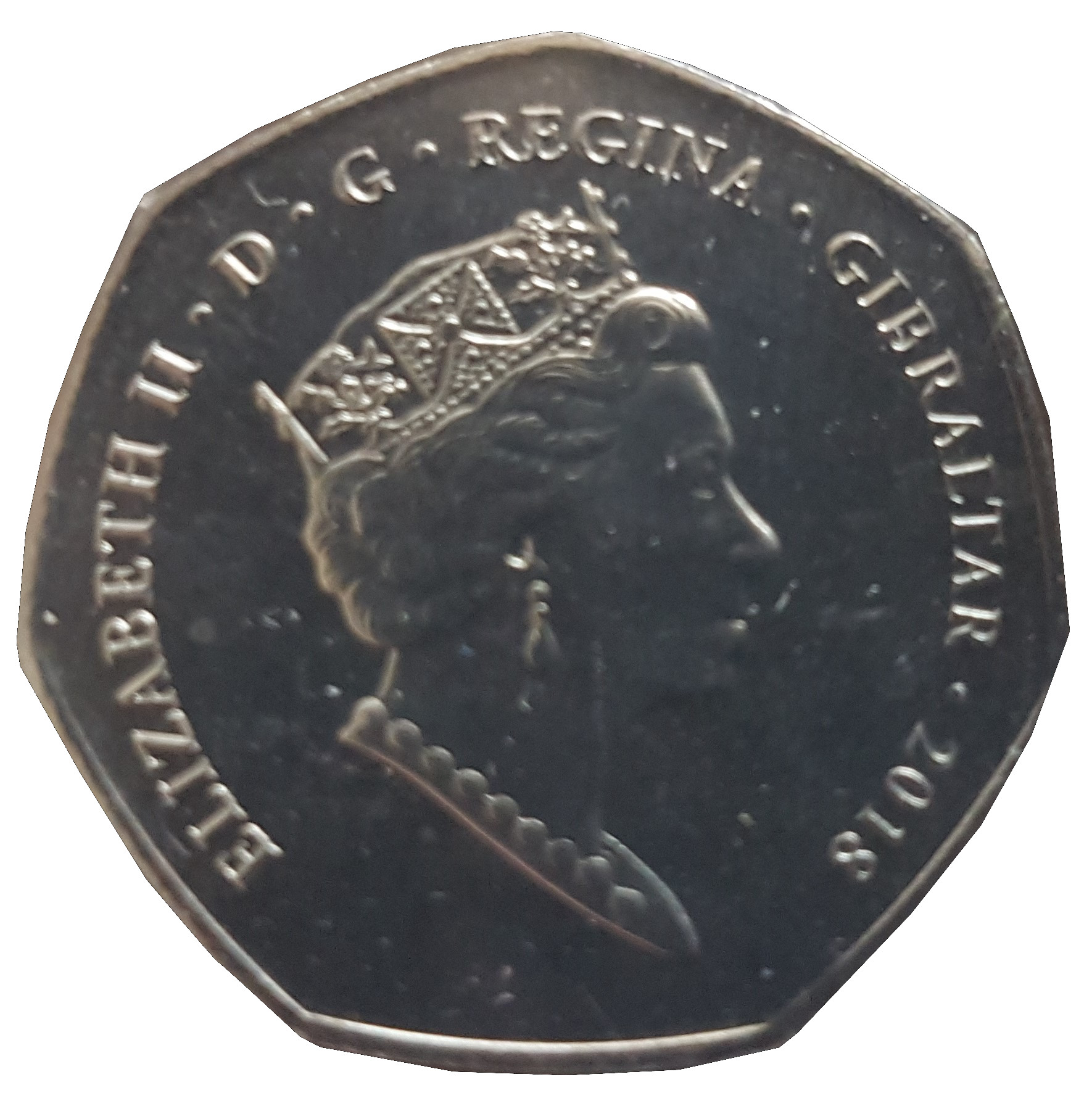 Gibraltar 50 Pence - Elizabeth II Falklands Reverse Mule - Macaroni Penguin; Coloured obverse