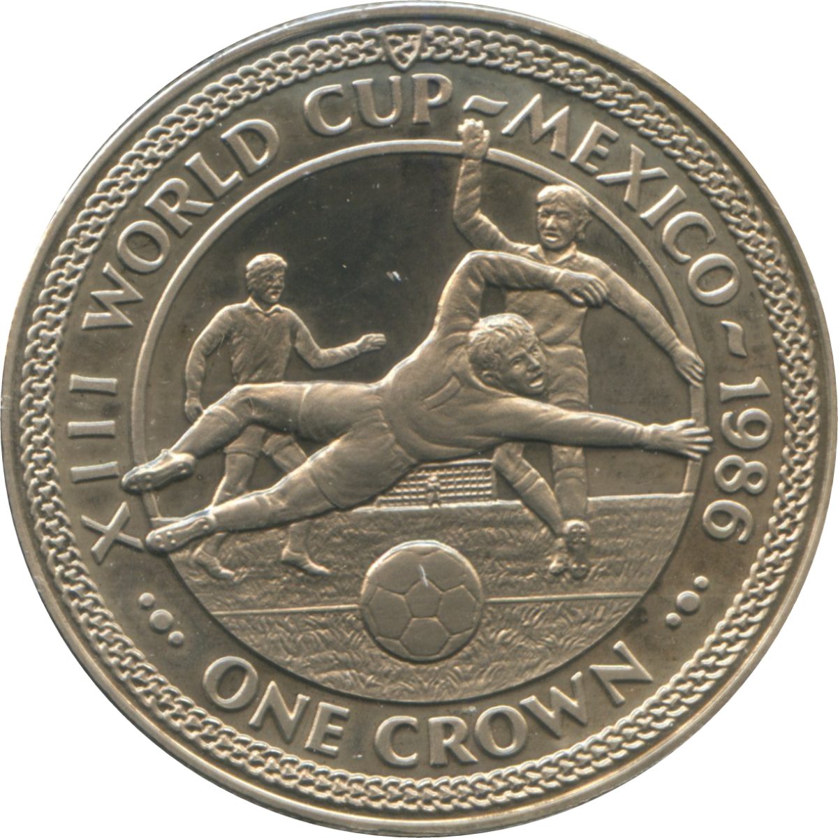 Isle of Man 1 Crown - Elizabeth II World Cup Mexico - Player Scoring; Silver Plated Proof reverse