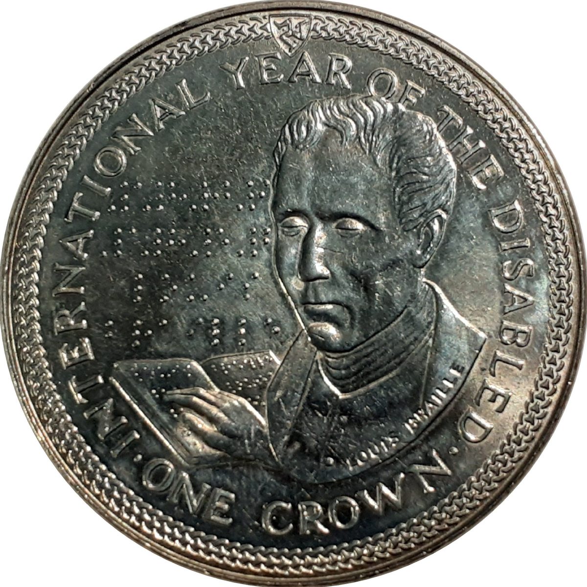 Isle of Man 1 Crown - Elizabeth II Louis Braille reverse