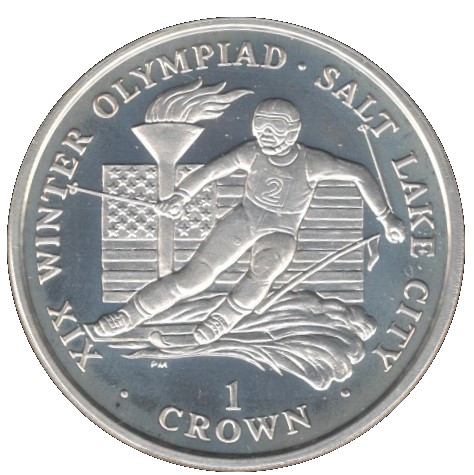 Isle of Man 1 Crown - Elizabeth II Winter Olympics Salt Lake City - Skier; Silver Proof reverse
