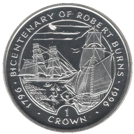 Isle of Man 1 Crown - Elizabeth II Robert Burns - Pirate Ship; Silver Proof reverse