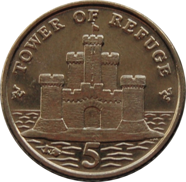 Isle of Man 5 Pence - Elizabeth II Tower of Refuge, magnetic plated steel