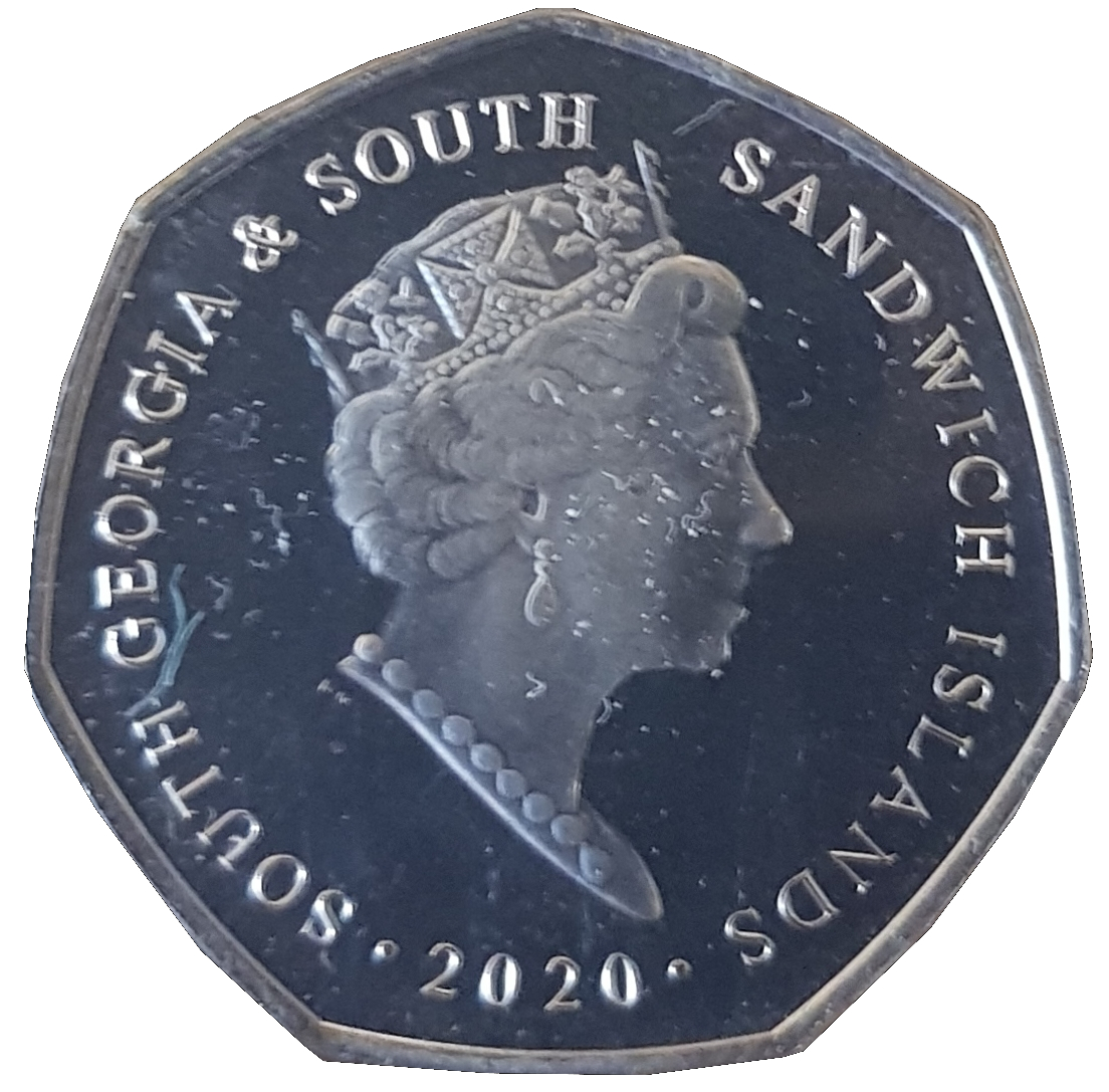 South Georgia and the South Sandwich Islands 50 Pence - Elizabeth II Macaroni Penguin obverse