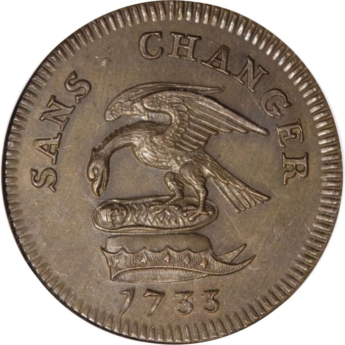 Isle of Man 1 Penny - James Stanley 2nd Derby Coinage; Bronze/Bath metal obverse