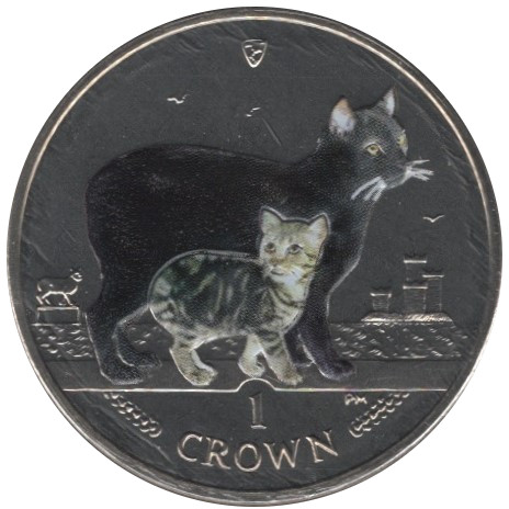 Isle of Man 1 Crown - Elizabeth II Manx Cat; coloured version reverse
