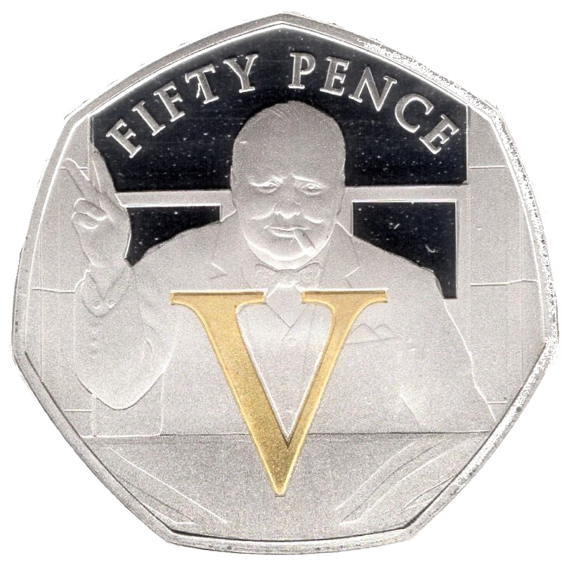Isle of Man 50 Pence - Elizabeth II VE Day - V; Silver Proof reverse