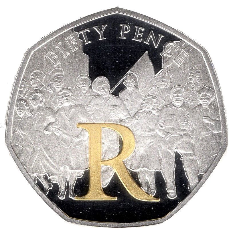 Isle of Man 50 Pence - Elizabeth II VE Day - R; Silver Proof reverse