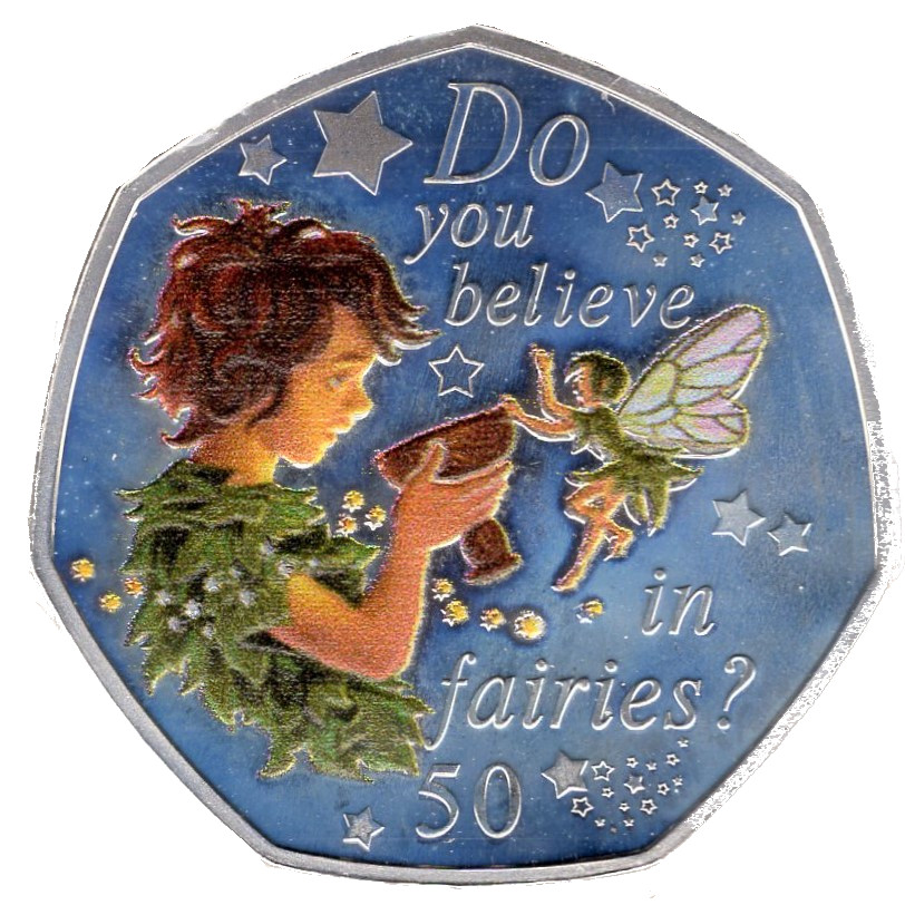 Isle of Man 50 Pence - Elizabeth II Peter Pan and Tinker Bell; Silver Proof obverse