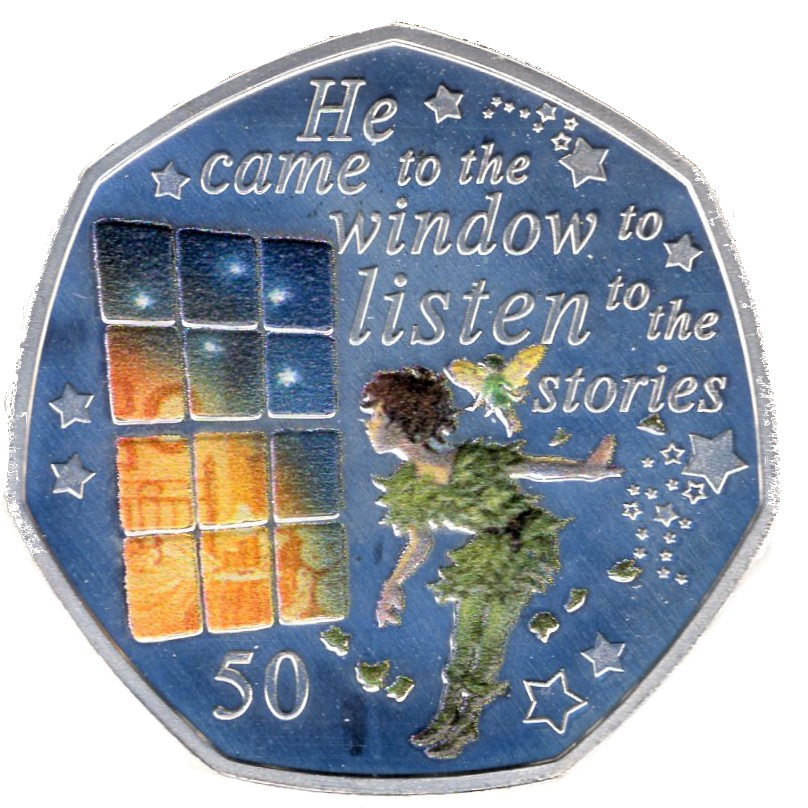 Isle of Man 50 Pence - Elizabeth II Peter Pan at the Window; Silver Proof reverse