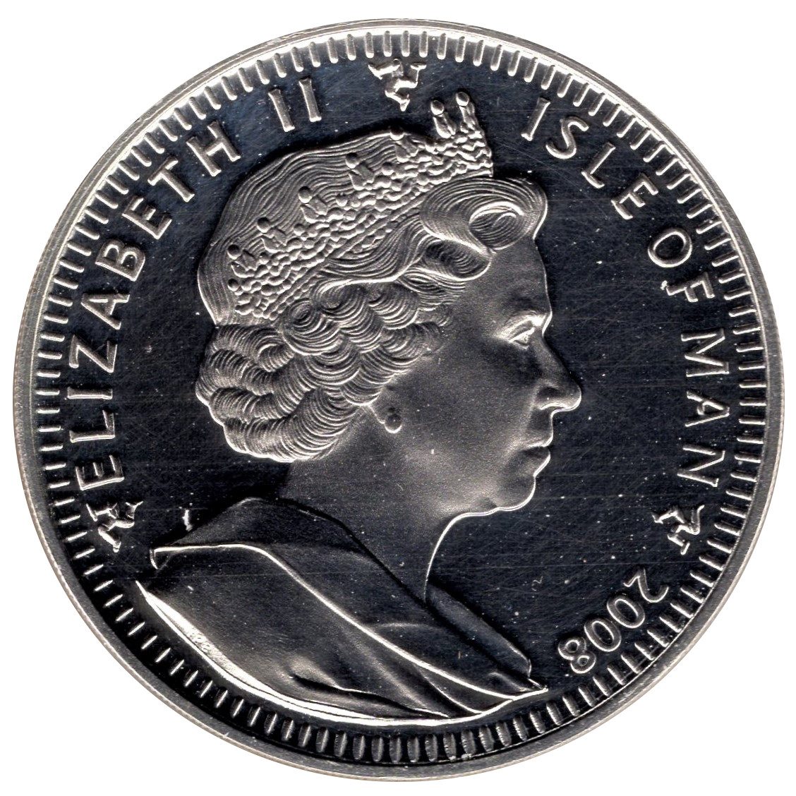 Isle of Man 1 Crown - Elizabeth II Olympics Beijing - Cyclist and Great Wall; silver proof issue obverse