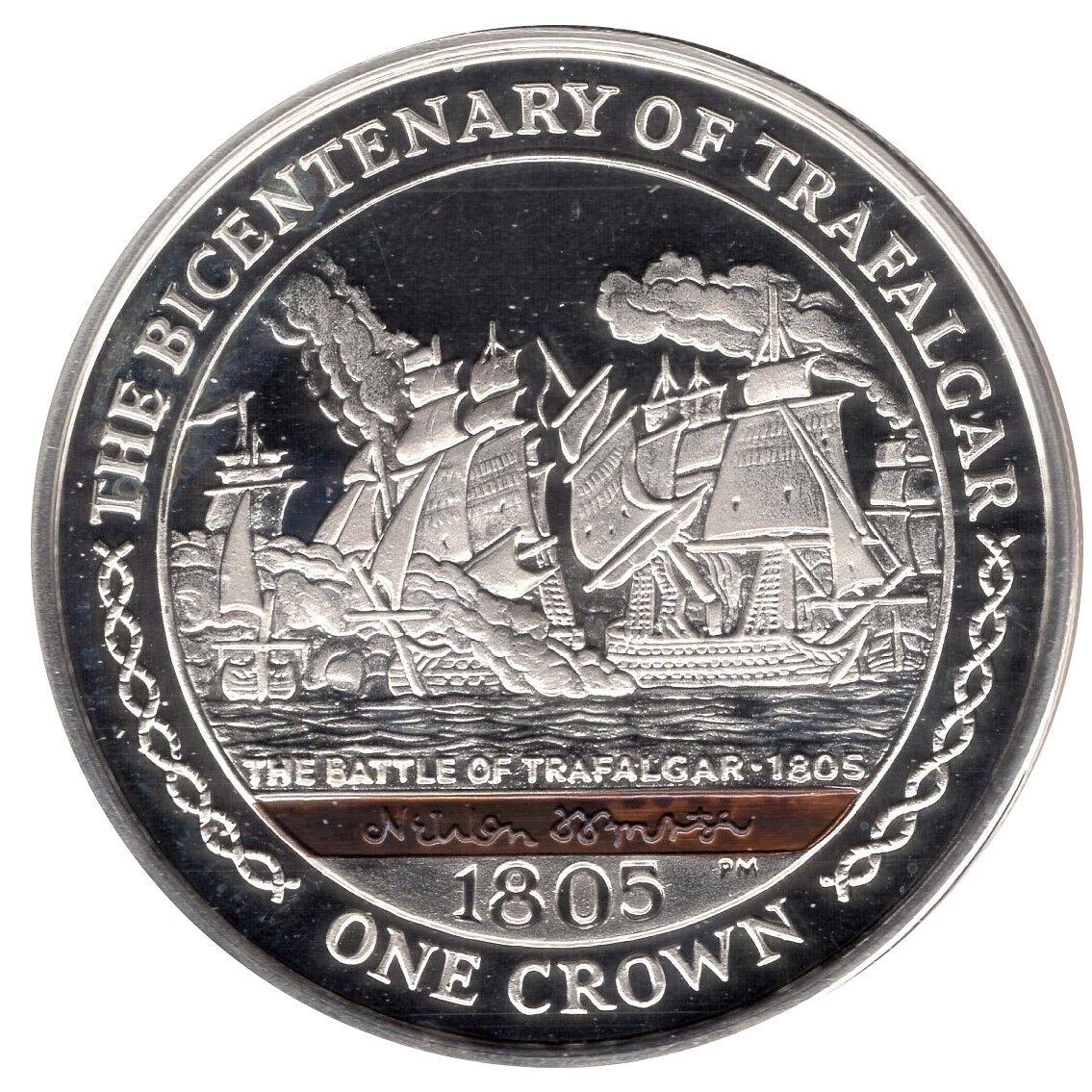 Isle of Man 1 Crown - Elizabeth II The Battle of Trafalgar; Silver Proof with copper inlay reverse