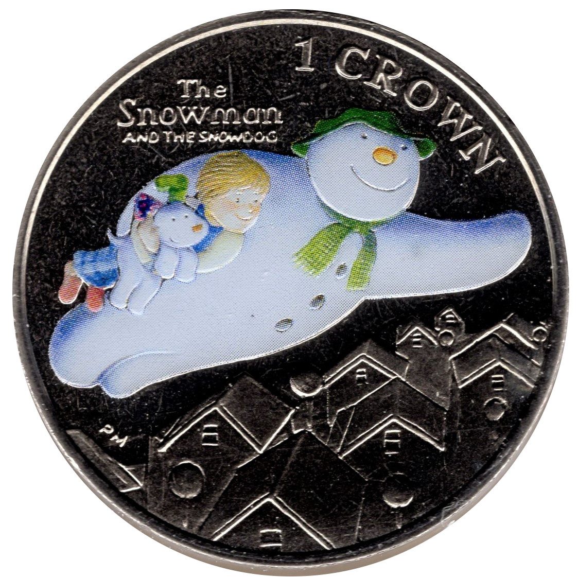 Isle of Man 1 Crown - Elizabeth II Snowman and Snowdog; colourised