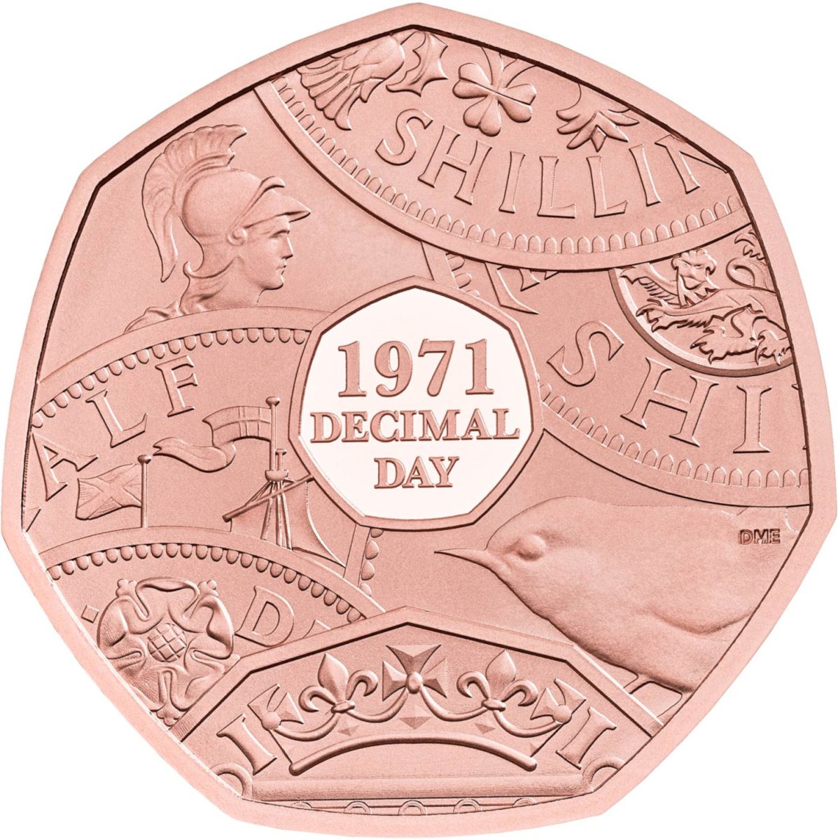 50 Pence - Elizabeth II 5th portrait; Decimalisation Anniversary Gold Proof obverse