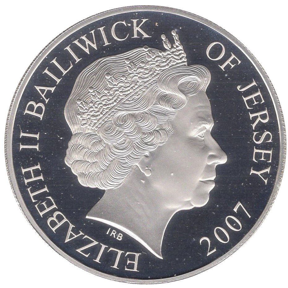 Jersey 5 Pounds - Elizabeth II Diamond Wedding - Arrival at Westminster Abbey; Silver Proof obverse