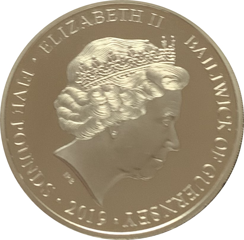 Guernsey 5 Pounds - Elizabeth II D-Day Landing 18:00 obverse