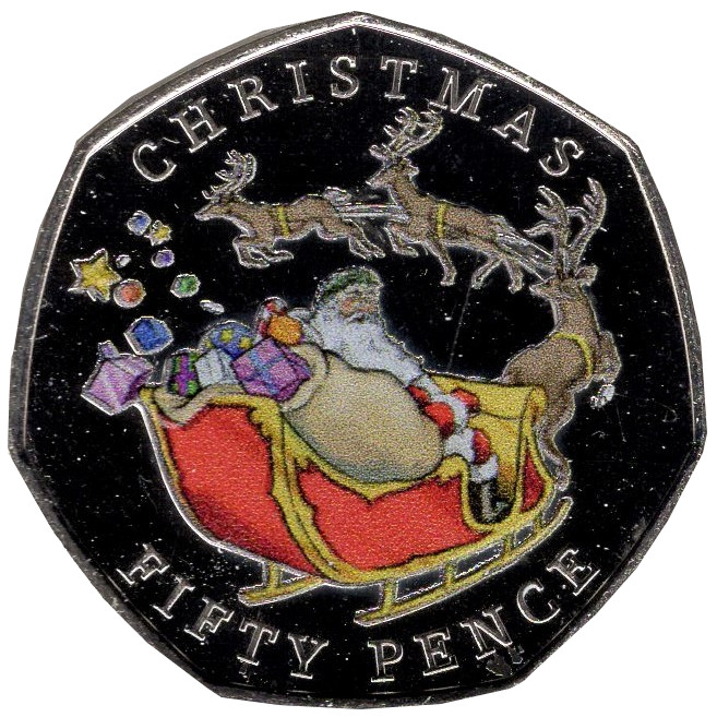 Gibraltar 50 Pence - Elizabeth II Christmas; Multi-colour reverse