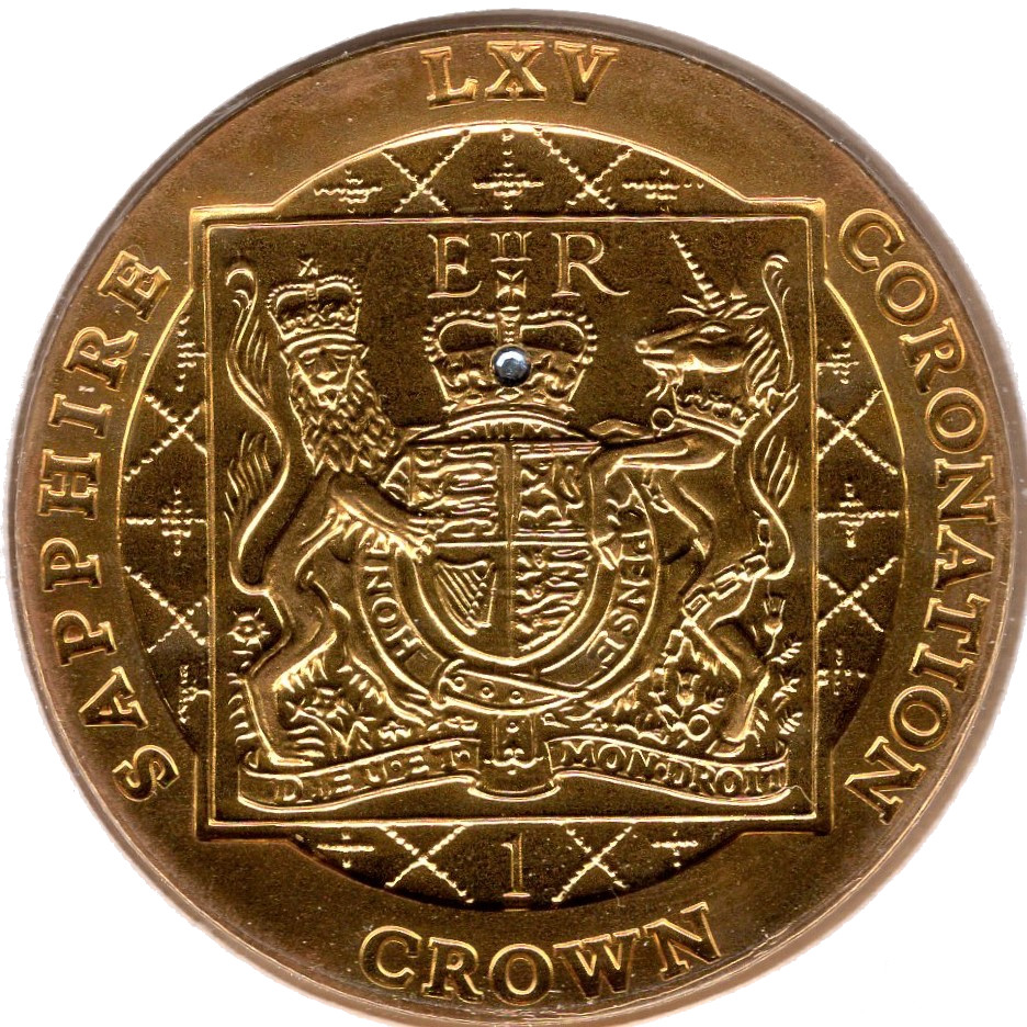Falkland Islands 1 Crown - Elizabeth II Sapphire Coronation; Gold Plated with Sapphire inlay