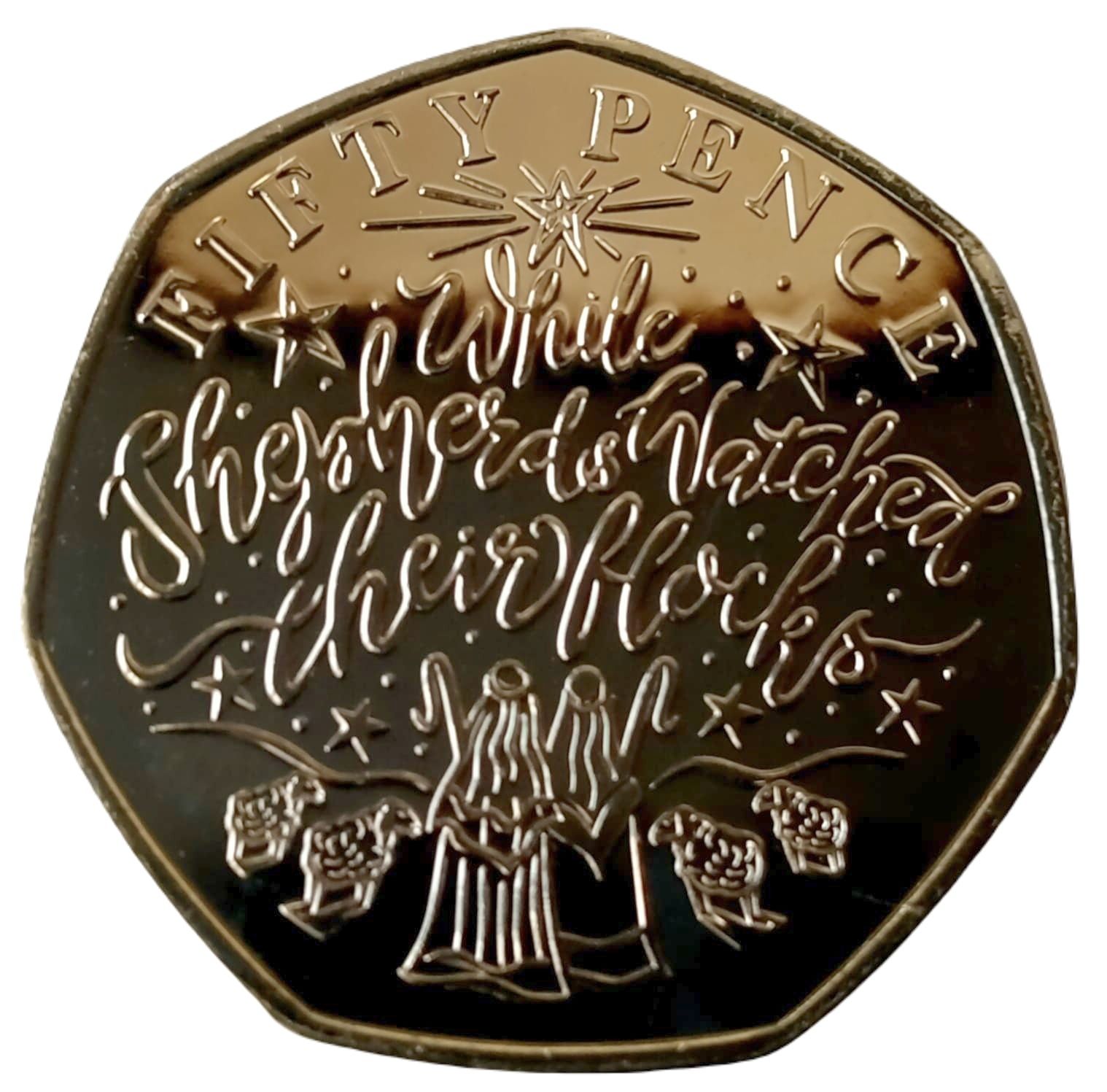 Guernsey 50 Pence - Elizabeth II While Shepherds Watched Their Flocks reverse