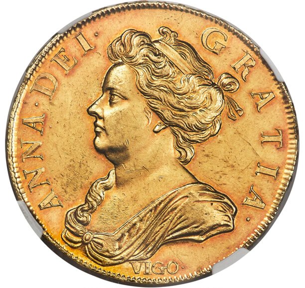 5 Guineas - Anne pre-union shields; VIGO obverse