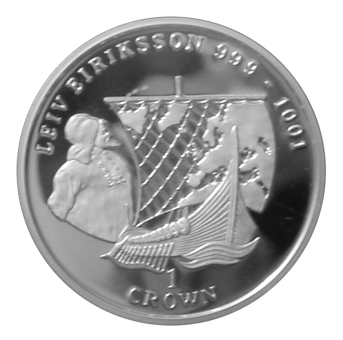 Isle of Man 1 Crown - Elizabeth II Leiv Eriksson; Silver Proof reverse