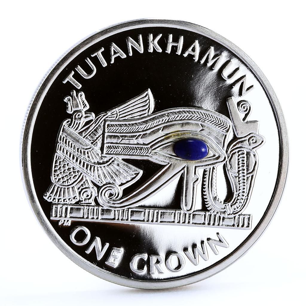 Isle of Man 1 Crown - Elizabeth II Tutankhamun - Eye of Horus; Silver proof with Lapis Lazuli inset reverse