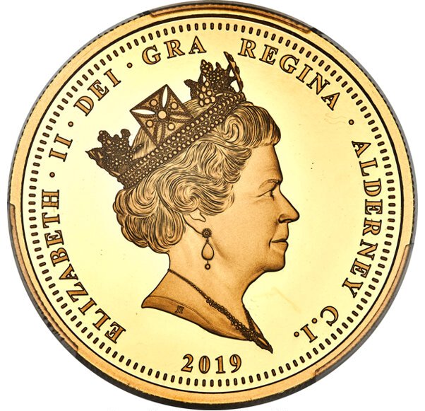 Alderney 5 Pounds - Elizabeth II Una and the Lion obverse