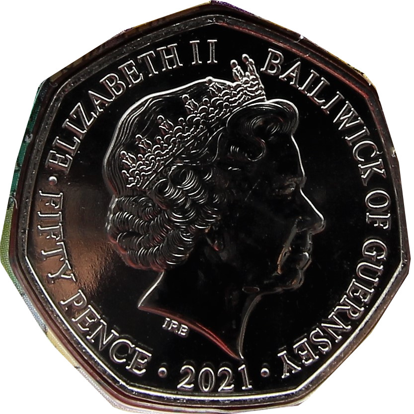 Guernsey 50 Pence- Elizabeth II- 5th Portrait The Spaceman obverse