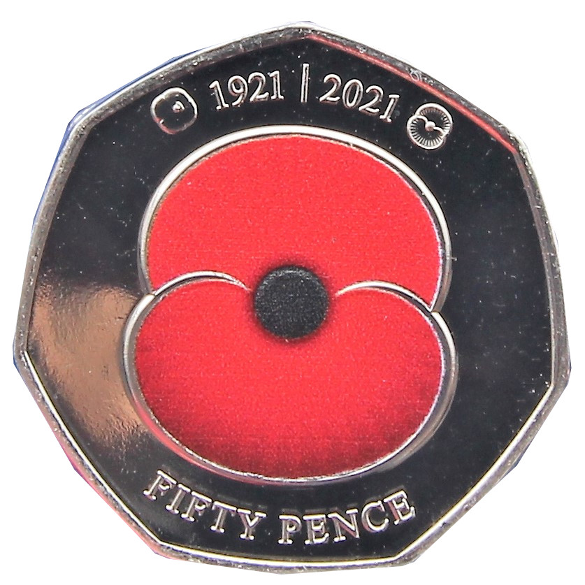 Jersey 50 pence - Elizabeth II RBL - Remembrance Poppy; Coloured reverse