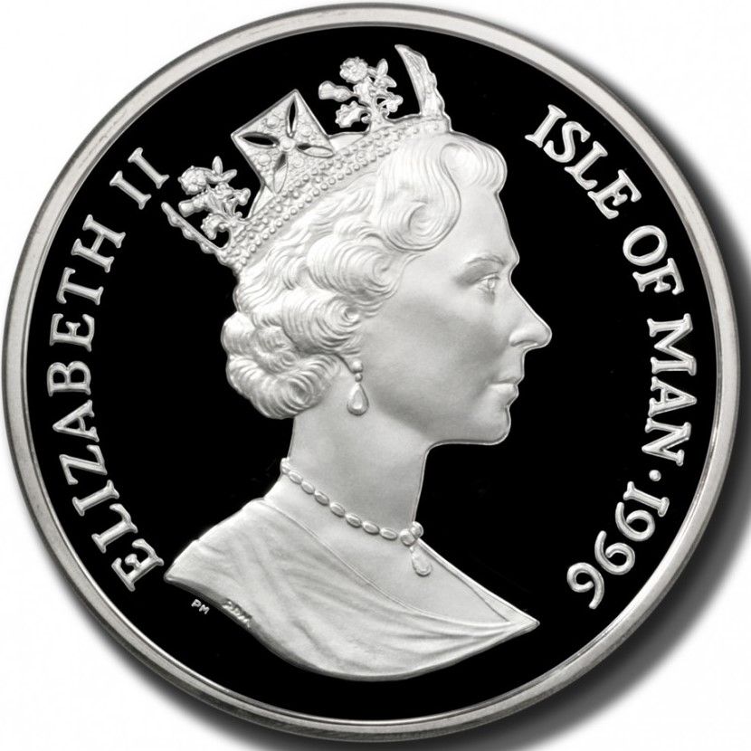 Isle of Man 5 Crowns - Elizabeth II Merlin obverse