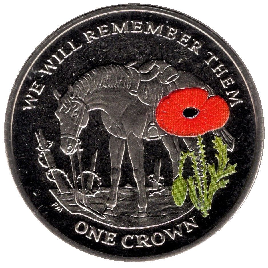 Isle of Man 1 Crown - Elizabeth II War Horse; colourised version obverse